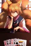 1girl 1other animal_ear_fluff animal_ears arm_support bangs blonde_hair blush card commentary_request dress fluffy fox_ears fox_tail hair_between_eyes hand_on_own_face kirisame_tarou kitsune long_sleeves looking_at_viewer multiple_tails no_hat no_headwear playing_card pov short_hair shouji sitting sliding_doors smile tabard tail touhou white_dress wide_sleeves wooden_table yakumo_ran 