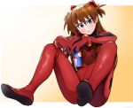  1girl blue_eyes blush bodysuit breasts brown_hair can eyebrows_visible_through_hair gradient gradient_background head_tilt holding holding_can interface_headset kumaartsu letterboxed neon_genesis_evangelion pilot_suit plugsuit red_bodysuit red_bull reward_available sitting small_breasts solo souryuu_asuka_langley two_side_up v-shaped_eyebrows 