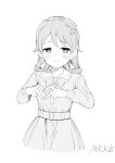  1girl blush bow bowtie child closed_mouth copyright_request dress drill_hair fingernails greyscale healthyman heart heart_hands highres idolmaster idolmaster_cinderella_girls long_sleeves looking_at_viewer monochrome morikubo_nono simple_background solo white_background 