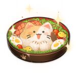  artist_request bowl cherry_tomato commentary egg english_commentary food food_focus genshin_impact invigorating_kitty_meal_(genshin_impact) lettuce lowres meat no_humans official_art paw_print rice sparkle still_life third-party_source tomato transparent_background 