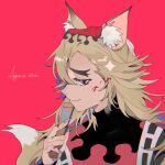  1boy absurdres animal_ear_fluff animal_ears bishounen black_shirt blonde_hair blood blood_on_face blood_on_hands blue_nails chinese_commentary closed_mouth commentary_request douma_(kimetsu_no_yaiba) fingernails fox_ears fox_tail highres kimetsu_no_yaiba long_fingernails long_hair male_focus multicolored_eyes pink_eyes red_background shirt signature simple_background symbol_in_eye tail taowu_(20809) turtleneck upper_body 
