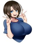  1girl absurdres arms_up blue_eyes blue_shirt borrowed_character breasts brown_hair double_v eyebrows eyebrows_visible_through_hair highres huge_breasts hz_(murder_license_) keno_(keno_ch) original shirt short_hair short_sleeves simple_background t-shirt upper_body v white_background 