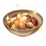  artist_request beans bowl chicken_(food) commentary english_commentary food food_focus genshin_impact lowres mushroom no_humans official_art sparkle still_life third-party_source transparent_background vegetable 