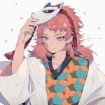  1boy absurdres chinese_commentary closed_mouth collarbone commentary_request falling_petals hand_up haori highres jacket japanese_clothes kimetsu_no_yaiba long_hair long_sleeves male_focus mask mask_on_head petals pink_hair red_pupils rope sabito_(kimetsu) scar scar_on_face signature simple_background smile taowu_(20809) upper_body violet_eyes white_background white_jacket 