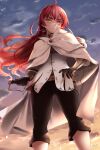  1girl ahoge ass_visible_through_thighs black_gloves black_pants blue_sky blush cape eris_greyrat from_below gloves hair_between_eyes hand_on_hip highres long_hair looking_to_the_side mushoku_tensei pants red_eyes redhead shirt sky solo sunset sword sword_behind_back weapon white_cape white_shirt zasshu 