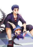  animal_hood blue_hair capri_pants cat_hood changye chest_tattoo cu_chulainn_(fate) cu_chulainn_alter_(fate/grand_order) dual_persona earrings facepaint facial_mark fate/grand_order fate_(series) hood jewelry long_hair male_focus mini_cu-chan_(fate) necklace overalls pants ponytail popsicle_in_mouth red_eyes shoes sneakers tail tattoo 