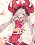  1girl bangs bare_shoulders blue_eyes blush breasts cake dress fate/grand_order fate_(series) food frilled_hat frills gloves hat headpiece large_breasts large_hat leaning_forward long_hair looking_at_viewer marie_antoinette_(fate/grand_order) outstretched_arm red_dress red_gloves red_headwear short_dress silver_hair smile thighs twintails very_long_hair virgichuu 