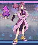  1girl bike_shorts coat commentary copyright_name double_bun dreambig dynamax_band eyelashes eyeshadow fantina_(pokemon) full_body gloves hand_up high_heels highres knees long_hair makeup off_shoulder parted_lips partially_fingerless_gloves pokemon pokemon_(game) pokemon_dppt purple_coat purple_eyeshadow purple_footwear purple_hair red_eyes screencap_inset shirt single_glove sleeveless sleeveless_shirt smile solo standing toes watermark 