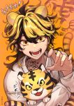  1boy 2022 absurdres animal animal_ears bangs bell black_hair blonde_hair earrings hair_between_eyes hanemiya_kazutora highres jacket jewelry long_sleeves looking_at_viewer male_focus mole mole_under_eye multicolored_hair nanin neck_tattoo open_hand open_mouth orange_background single_earring smile solo tattoo teeth tiger tiger_boy tiger_ears tokyo_revengers two-tone_hair upper_body white_jacket yellow_eyes 