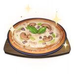  artist_request commentary cutting_board english_commentary food food_focus garnish genshin_impact leaf lowres mushroom no_humans official_art pizza sparkle still_life third-party_source transparent_background tray 