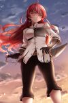  1girl ahoge ass_visible_through_thighs black_gloves black_pants blue_sky blush chest_guard eris_greyrat from_below gloves hair_between_eyes hand_on_hip highres long_hair looking_to_the_side mushoku_tensei pants red_eyes redhead shirt sky solo sunset sword sword_behind_back weapon white_shirt zasshu 