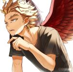 1boy adam&#039;s_apple arm_up blonde_hair boku_no_hero_academia casual dripping facial_hair facial_mark feathered_wings goatee hawks_(boku_no_hero_academia) leaning_forward light_particles light_rays male_focus open_mouth red_wings shadow shirt short_hair sideburns simple_background solo spread_wings sweat sweatdrop sweating_profusely tonbanlove twitter_username upper_body white_shirt wings yellow_eyes 