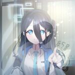  1girl absurdres arisu_(blue_archive) blue_archive blue_eyes blurry blurry_background blush commentary cute_took dark_blue_hair english_commentary halo headband highres long_hair looking_at_viewer portrait smile snow solo uniform window 
