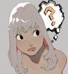  1girl ? bangs black_eyes commentary english_commentary face francesca_fedele frown grey_background grey_hair grey_theme highres lips long_hair looking_to_the_side nose nostrils nude original portrait simple_background solo thought_bubble upper_body 