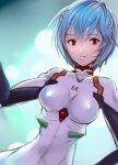  1girl ayamix1020 ayanami_rei bangs blue_hair blurry blurry_background bodysuit breasts commentary dutch_angle green_background hair_between_eyes hand_on_hip hand_up highres interface_headset looking_ahead medium_breasts neon_genesis_evangelion parted_lips pilot_suit plugsuit red_eyes short_hair sketch solo upper_body white_bodysuit 