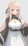  1girl artist_name black_sleeves blue_ribbon blush closed_mouth dress grey_background hair_ribbon hand_up light_brown_hair long_hair long_sleeves looking_at_viewer original pink_eyes pointy_ears ribbon shrug_(clothing) simple_background skeptycally smile solo upper_body white_dress 