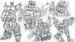  autobot character_request clenched_hands flame_toys greyscale gun highres holding holding_gun holding_weapon looking_to_the_side maeda_hiroyuki mecha monochrome no_humans optimus_prime science_fiction standing transformers transformers_(live_action) weapon 