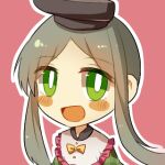  1girl black_headwear blush blush_stickers bow buttons dress eyebrows_visible_through_hair green_dress green_eyes green_hair hat keiko_(emoticon) lowres open_mouth pink_background portrait short_hair_with_long_locks simple_background smile solo teireida_mai touhou yellow_bow 