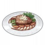  apple apple_slice artist_request commentary english_commentary food food_focus fruit garnish genshin_impact lowres meat muted_color no_humans official_art parsley plate still_life third-party_source transparent_background 