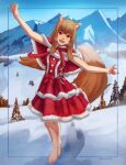  1girl alternate_costume animal_ears artist_name barefoot blue_sky blush capelet dress fur-trimmed_capelet fur_trim highres holo looking_at_viewer mountainous_horizon outstretched_arms pine_tree red_capelet red_dress red_eyes red_ribbon ribbon seraziel sky smile solo spice_and_wolf spread_arms steam tail tree winter wolf_ears wolf_tail 