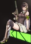  1girl absurdres assault_rifle bangs black_gloves black_legwear black_shorts blush boots breasts brown_eyes brown_footwear brown_hair brown_sweater_vest closed_mouth clothes_around_waist cup eyebrows_visible_through_hair full_body girls_frontline gloves gun headphones headset high_heel_boots high_heels highres holding holding_cup jacket jacket_around_waist knee_boots lips lithographica long_hair looking_at_viewer m4_carbine m4a1_(girls&#039;_frontline) medium_breasts multicolored_hair rifle scarf shorts simple_background sitting solo sweater_vest thigh-highs walkie-talkie weapon white_jacket white_scarf 