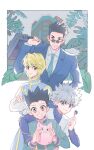  4boys black_hair blonde_hair commentary english_commentary formal glasses gon-san gon_freecss highres hunter_x_hunter killua_zoldyck kurapika leorio_paladiknight long_sleeves male_focus maosishu multiple_boys necktie pants shirt short_hair spiky_hair suit sunglasses white_hair white_shirt 