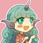  1girl blush blush_stickers clenched_hands cloud_print collared_shirt curly_hair eyebrows_visible_through_hair fang green_eyes green_hair horns kariyushi_shirt keiko_(emoticon) komano_aunn long_hair lowres open_mouth pink_background red_shirt shirt short_sleeves simple_background single_horn smile solo touhou upper_body 