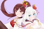  2girls azur_lane bangs blue_eyes blush breasts brown_eyes brown_hair closed_mouth commentary_request dress eyebrows_visible_through_hair frown grabbing hair_ornament halterneck japanese_clothes kimono large_breasts long_hair long_sleeves looking_at_viewer medium_breasts multiple_girls obi one_side_up open_mouth red_dress sash shoukaku_(azur_lane) silver_hair standing translation_request white_kimono xia_mo_liang_cheng zuikaku_(azur_lane) 