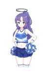  1girl absurdres alternate_costume alternate_hairstyle blue_archive breasts cheerleader commentary_request halo highres looking_at_viewer medium_breasts midriff navel pom_pom_(cheerleading) simple_background smile solo thigh-highs violet_eyes white_background white_legwear yura19350121 yuuka_(blue_archive) 