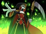  1boy artist_name cloak fire green_fire grim_(grim_adventures) highres holding holding_weapon hood hooded_cloak looking_at_viewer male_focus open_mouth outstretched_arm scythe skeleton skp_(calsinum) solo the_grim_adventures_of_billy_&amp;_mandy weapon 