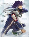  1boy bags_under_eyes blurry blurry_foreground boku_no_hero_academia debris depth_of_field forehead full_body green_footwear gym_uniform haze highres holding holding_weapon kneeling male_focus mask messy_hair mouth_mask one_knee purple_hair scarf shadow shinsou_hitoshi shoes short_hair sneakers solo spiky_hair strap tonbanlove twitter_username u.a._gym_uniform violet_eyes weapon wind 