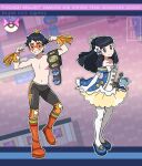  1boy 1girl alternate_costume bangs black_hair blue_footwear boots championship_belt clenched_hands closed_mouth commentary copyright_name dreambig dress english_commentary eyelashes facepaint flexing grey_eyes grin hair_ornament hands_up high_heels highres hikari_(pokemon) leg_up leggings long_hair lucas_(pokemon) orange_footwear outline pantyhose pokemon pokemon_(game) pokemon_dppt pose screencap_inset short_hair sidelocks smile standing teeth topless_male watermark white_legwear wristband 