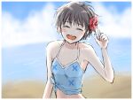  1girl :d antenna_hair arm_at_side armpits bangs bare_shoulders beach black_hair blue_shirt blush breasts closed_eyes clouds derivative_work floral_print flower hair_flower hair_ornament halterneck hand_up hibiscus idolmaster index_finger_raised iso_(nh15mint) kikuchi_makoto midriff ocean open_mouth outdoors red_flower shirt short_hair side-tie_shirt sketch sky sleeveless sleeveless_shirt small_breasts smile solo teeth upper_body upper_teeth 