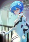  1girl ass ayanami_rei back bangs blue_hair bodysuit breasts closed_mouth commentary contrapposto cowboy_shot expressionless from_behind hair_between_eyes hand_on_hip highres hose interface_headset jooooooo2 looking_at_viewer looking_back medium_breasts neon_genesis_evangelion outstretched_hand pilot_suit plugsuit railing red_eyes short_hair solo standing steel_beam white_bodysuit 