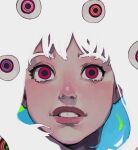 1girl artist_name character_request close-up commentary copyright_request english_commentary extra_eyes eyeball face francesca_fedele highres lips looking_at_viewer nose nostrils red_eyes simple_background solo teeth white_hair 