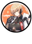  1girl absurdres arm_up bangs black_bodysuit blonde_hair bodysuit breasts character_name closed_mouth copyright_name english_text eyebrows_visible_through_hair girls&#039;_frontline_2:_exilium girls_frontline gloves headphones highres jiafei2o3 long_hair looking_at_viewer medium_breasts ots-14_(girls&#039;_frontline) russian_text simple_background smile solo_focus upper_body white_background white_robe yellow_eyes 