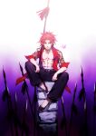  1boy abs changye chinese_clothes fate/extra fate/grand_order fate_(series) jacket li_shuwen_(fate) long_hair male_focus muscular muscular_male open_clothes open_jacket pectorals polearm ponytail red_eyes red_jacket redhead sitting solo spear weapon 