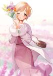  1girl ;d absurdres aiba_yumi bag blonde_hair blurry blurry_background blurry_foreground blush bouquet coat depth_of_field dress earrings eyebrows_visible_through_hair falling_petals field floating_clothes fur-trimmed_sleeves fur_trim handbag highres holding holding_bouquet idolmaster idolmaster_cinderella_girls jewelry looking_at_viewer nail_polish neru5 one_eye_closed petals pink_dress ring short_hair smile solo white_coat 