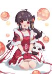  1girl :o absurdres ahoge ariakk bangs bear black_hair capelet chinese_commentary christmas commentary_request dress eyebrows_visible_through_hair fur-trimmed_capelet fur-trimmed_dress fur-trimmed_gloves fur_trim gloves hair_ornament hands_on_lap hat highres light_blush long_hair looking_at_viewer lucia_(punishing:_gray_raven) polar_bear punishing:_gray_raven red_eyes santa_costume santa_dress santa_hat scarf seiza side_ponytail sidelocks sitting solo white_background 