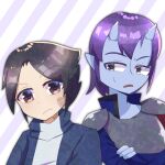  2boys armor baggy_clothes black_hair blue_shirt breastplate cape crystal_story crystal_story_ii d_(crystal_story) demon demon_horns dragon dragon_boy gray_eyes hoodie horns kaz_(crystal_story) long_sleeves male male_only monster_boy open_mouth pointy_ears prince purple_hair purple_skin red_eyes scales short_hair striped_background sweatdrop yaoi 