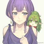  2girls artist_name bernadetta_von_varley chibi commentary earrings eyebrows_visible_through_hair fire_emblem fire_emblem:_three_houses fire_emblem_awakening fire_emblem_heroes gofelem green_eyes green_hair grey_eyes hair_between_eyes highres jewelry looking_at_another looking_at_viewer medium_hair multiple_girls pointy_ears ponytail purple_hair simple_background smile tiki_(fire_emblem) twitter_username upper_body watermark white_background 