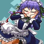  1girl aika_(cookie) amerika_zarigani apron bangs blood blue_dress blush braid breasts buttons carrot closed_eyes closed_mouth commentary_request cookie_(touhou) dress eyebrows_visible_through_hair feet_out_of_frame frilled_dress frills green_ribbon hair_ribbon hands_on_own_cheeks hands_on_own_face highres izayoi_sakuya long_hair maid maid_apron maid_headdress medium_breasts neck_ribbon nosebleed purple_hair ribbon smile solo thigh_strap touhou twin_braids waist_apron white_apron 