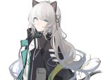  1girl animal_ears arknights bangs black_jacket blue_eyes cat_ears cat_girl cat_tail closed_mouth commentary eyebrows_visible_through_hair grey_hair hair_between_eyes highres jacket joshua_(shisanli934) long_hair looking_at_viewer mint_(arknights) open_clothes open_jacket shirt simple_background solo tail upper_body very_long_hair white_background white_shirt 