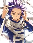  1boy :| arms_up bags_under_eyes bloom boku_no_hero_academia closed_mouth costume expressionless forehead gym_uniform hands_up high_collar highres holding holding_weapon looking_at_viewer male_focus messy_hair purple_hair scarf shinsou_hitoshi short_hair simple_background solo spiky_hair strap tonbanlove twitter_username u.a._gym_uniform upper_body violet_eyes weapon white_background 