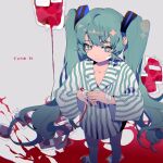  1girl absurdres bandaged_hand bandages bandaid bandaid_on_face blood blood_bag blood_on_ground blue_eyes blue_hair blue_shirt closed_mouth collarbone commentary dated feet_out_of_frame grey_background grey_legwear hatsune_miku highres long_hair long_sleeves pantyhose shirt simple_background solo striped striped_shirt taowu_(20809) twintails vocaloid white_shirt 