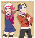  1boy 1girl backwards_hat baseball_cap black_hair black_pants blue_overalls blush border bow brown_background brown_eyes brown_hair cabbie_hat closed_mouth commentary_request ethan_(pokemon) framed grey_eyes hand_on_hip hat hat_bow holding holding_poke_ball jacket long_hair long_sleeves lyra_(pokemon) overalls pants poke_ball poke_ball_(basic) pokemon pokemon_(game) pokemon_hgss pumpkinpan red_bow red_jacket red_shirt shirt short_hair smile split_mouth thigh-highs twintails white_border white_headwear white_legwear 