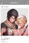  2boys amatsubu ascot blue_eyes brown_hair checkered_background coffee_cup commentary_request cup disposable_cup freckles glasses gloves hat heart highres identity_v instagram_story male_focus mike_morton multiple_boys official_alternate_costume open_mouth post scar short_hair simple_background smile v 
