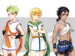  3boys achilles_(fate) black_hair blonde_hair bracelet changye child chiton crossed_arms dark-skinned_male dark_skin fate/grand_order fate_(series) greek_clothes green_hair green_scarf jason_(fate) jewelry midriff multiple_boys orange_scarf red_eyes scarf short_ponytail shorts yellow_eyes young_heracles younger 