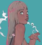  1girl aqua_background aqua_eyes bangs blunt_bangs blush bright_pupils commentary dark-skinned_female dark_skin english_commentary eyebrows_visible_through_hair face francesca_fedele from_side highres lips long_hair looking_at_viewer original simple_background solo upper_body 