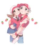  1boy 1girl alternate_color blue_overalls brown_eyes brown_hair cabbie_hat carrying closed_mouth commentary_request eyelashes food fruit hat highres jacket long_hair lyra_(pokemon) overalls pokemon pokemon_(game) pokemon_frlg pokemon_hgss pumpkinpan red_(pokemon) red_shirt shirt smile strawberry thigh-highs twintails white_background white_headwear white_legwear wristband 